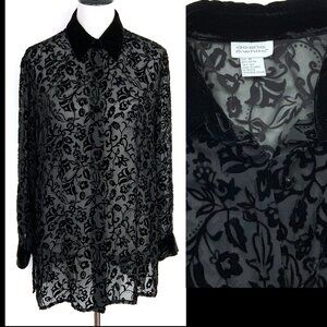 Vintage Y2K Black Sheere Burnout Velvet Blouse from Deane & White Sz M